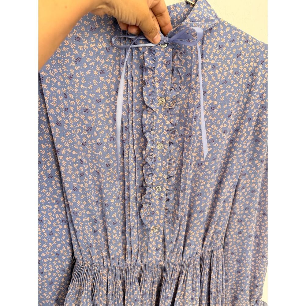 Vtg 70s 80s Prairie Midi Dress Pleated Sheer Floral Cottagecore Boho Ribbon Tie - Picture 3 of 9